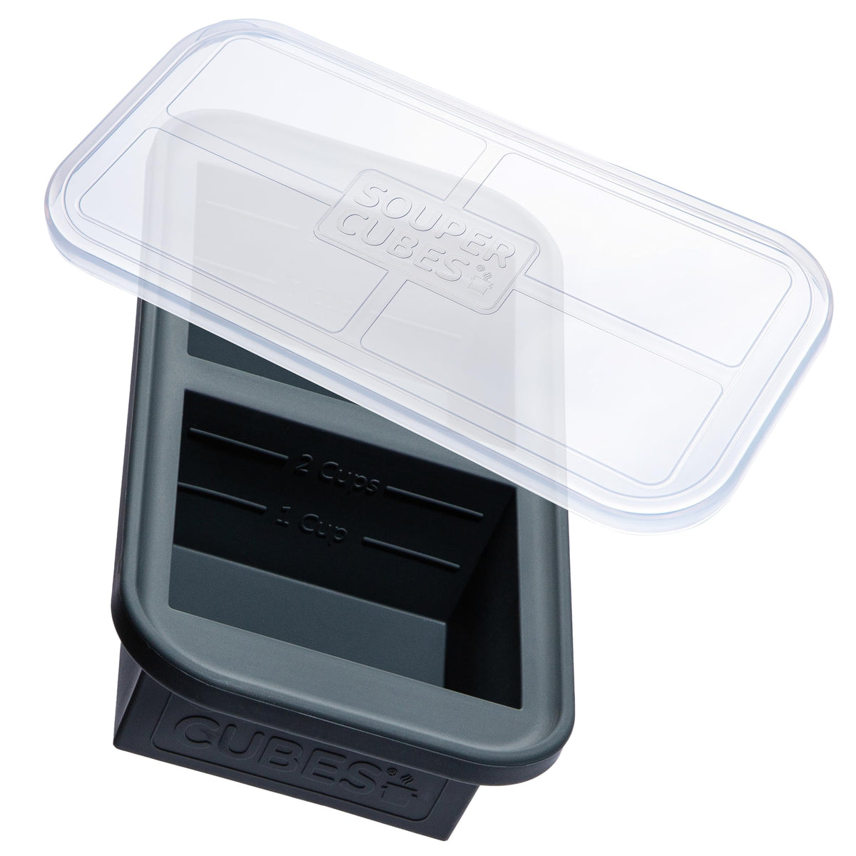 Souper Cubes 2 cup tray with lid showing portioned servings for easy meal prep.