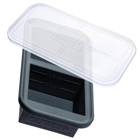 Souper Cubes 2 cup tray with lid showing portioned servings for easy meal prep.