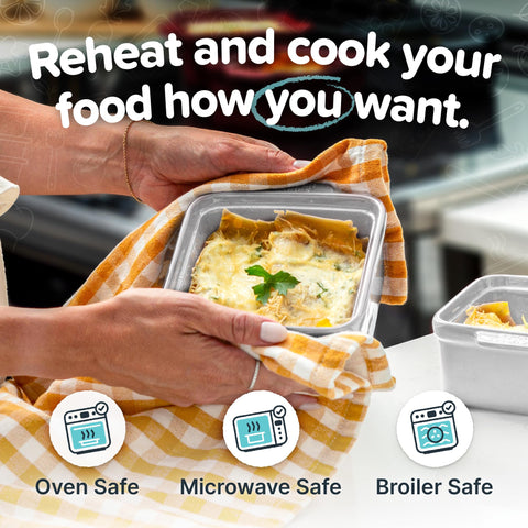 Souper Cubes baking dishes are oven and microwave safe up to 450 F