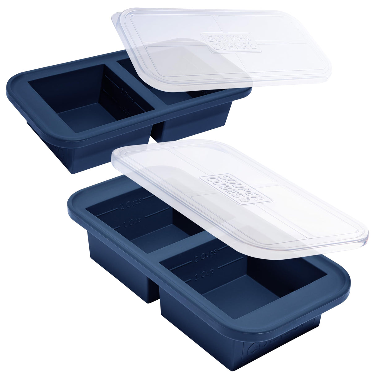 Souper Cubes blueberry 2-cup freezer molds with lids for easy meal prep.