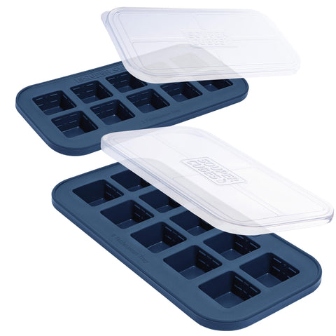 Souper Cubes blueberry 2tbsp molds with lid on for tidy, portioned storage.