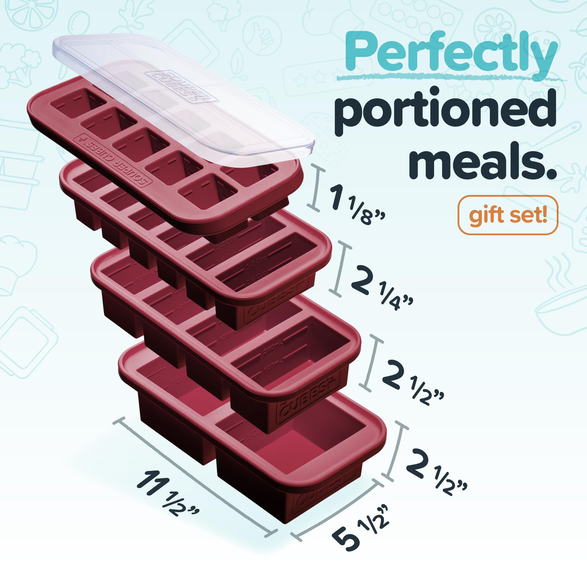 Souper Cubes cranberry 1-cup freezer tray with lid keeps portions fresh.