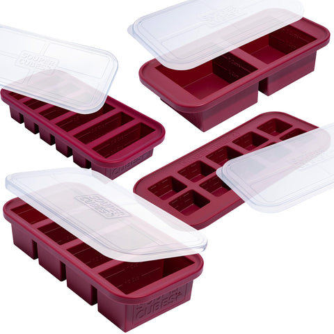 Souper Cubes cranberry 2-cup freezer tray with lid for organized meals.