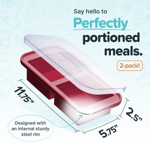 Souper Cubes cranberry 2-pack freezer trays with lids, ideal for batch-prep meals.