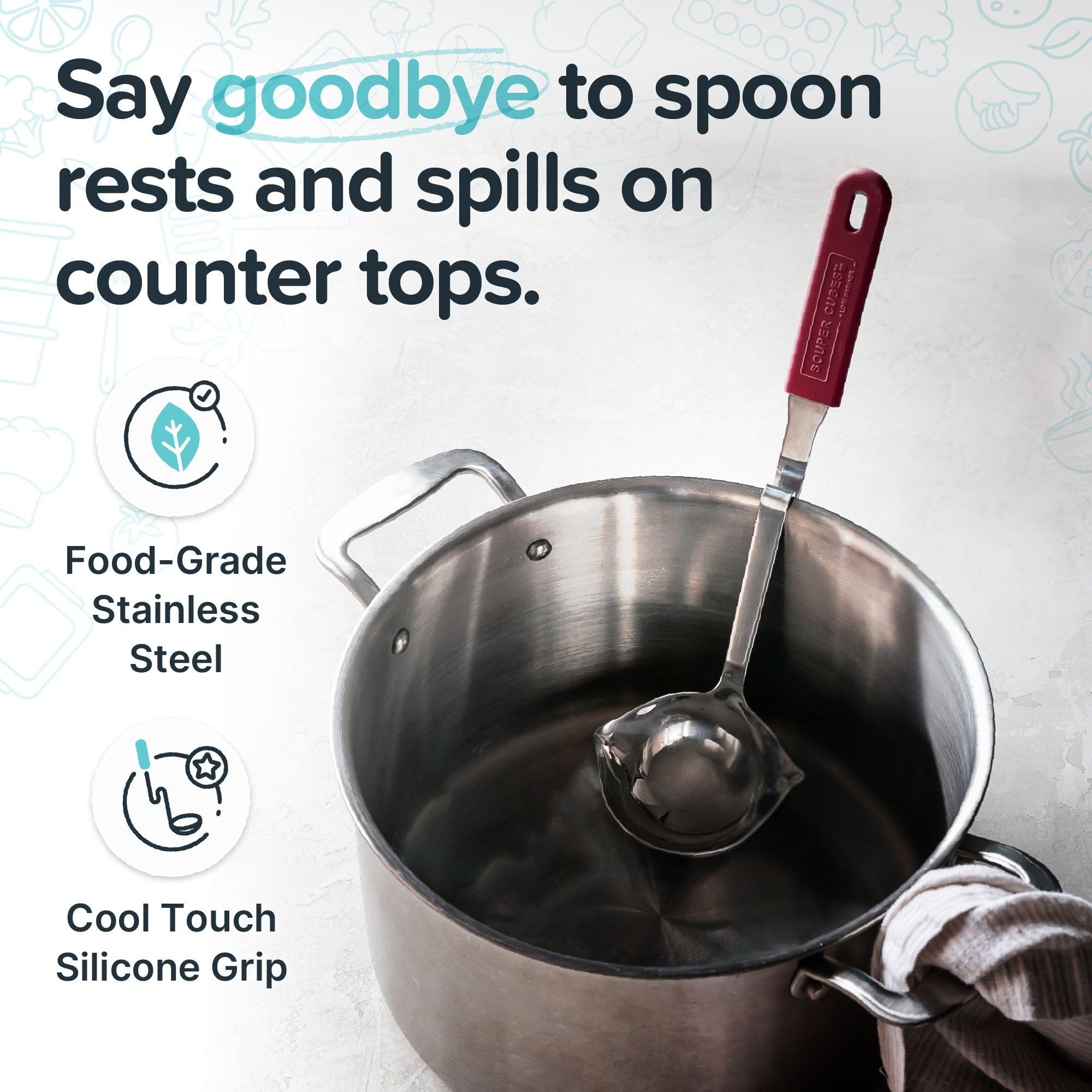 Souper Cubes curved handle design hangs on a pot rim to prevent drips.