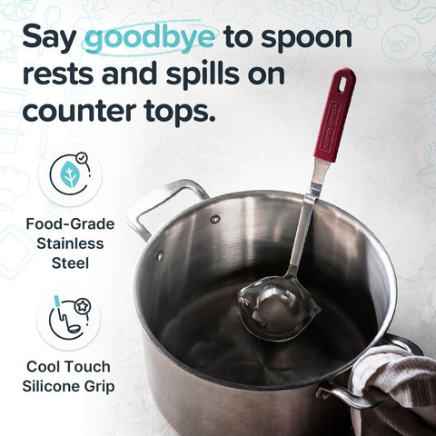 Souper Cubes curved handle design hangs on a pot rim to prevent drips.