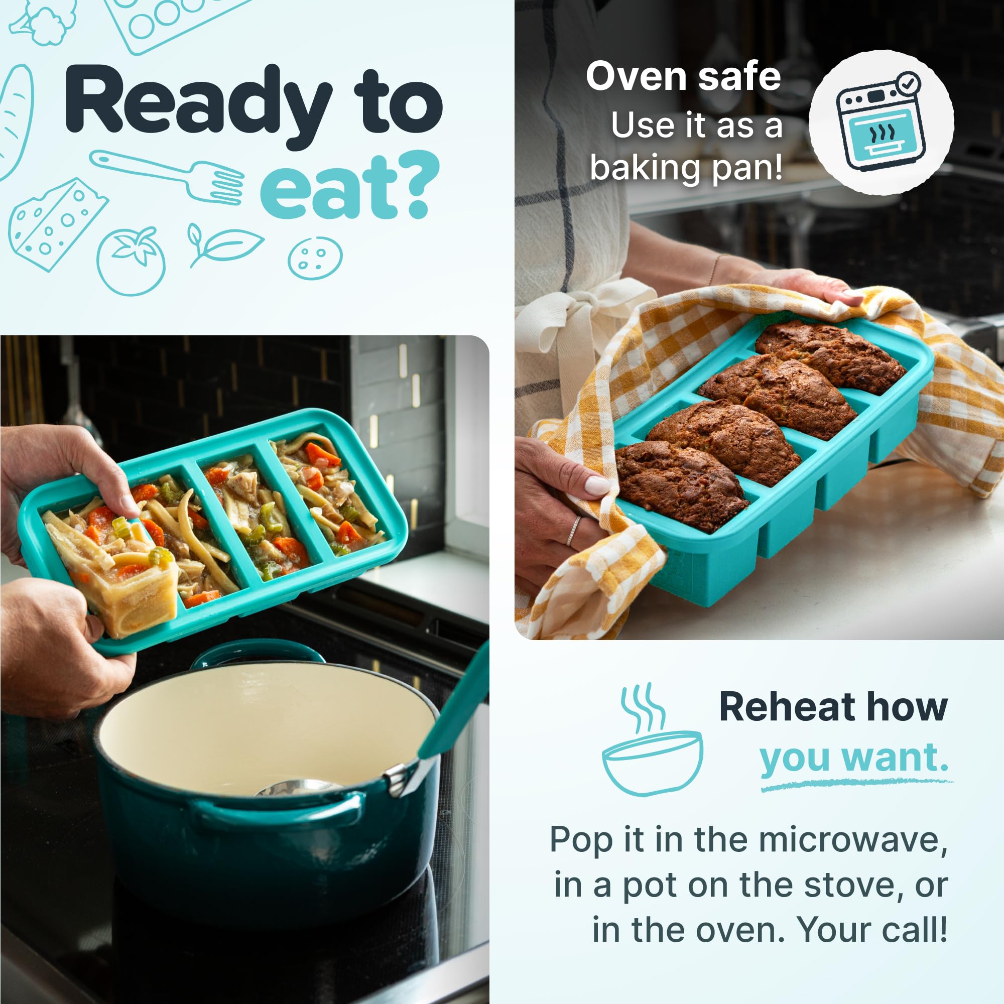 Souper Cubes product shown as dishwasher-safe and oven-safe for versatile use.