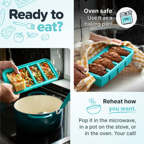 Souper Cubes product shown as dishwasher-safe and oven-safe for versatile use.