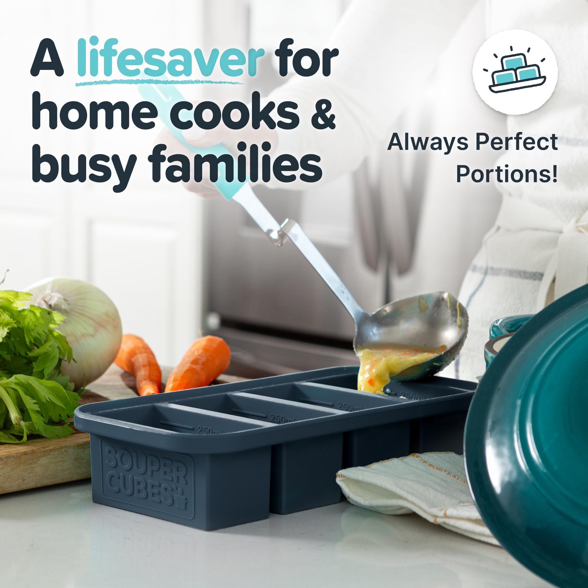 Souper Cubes lid and steel-reinforced top keep portions secure and fresh