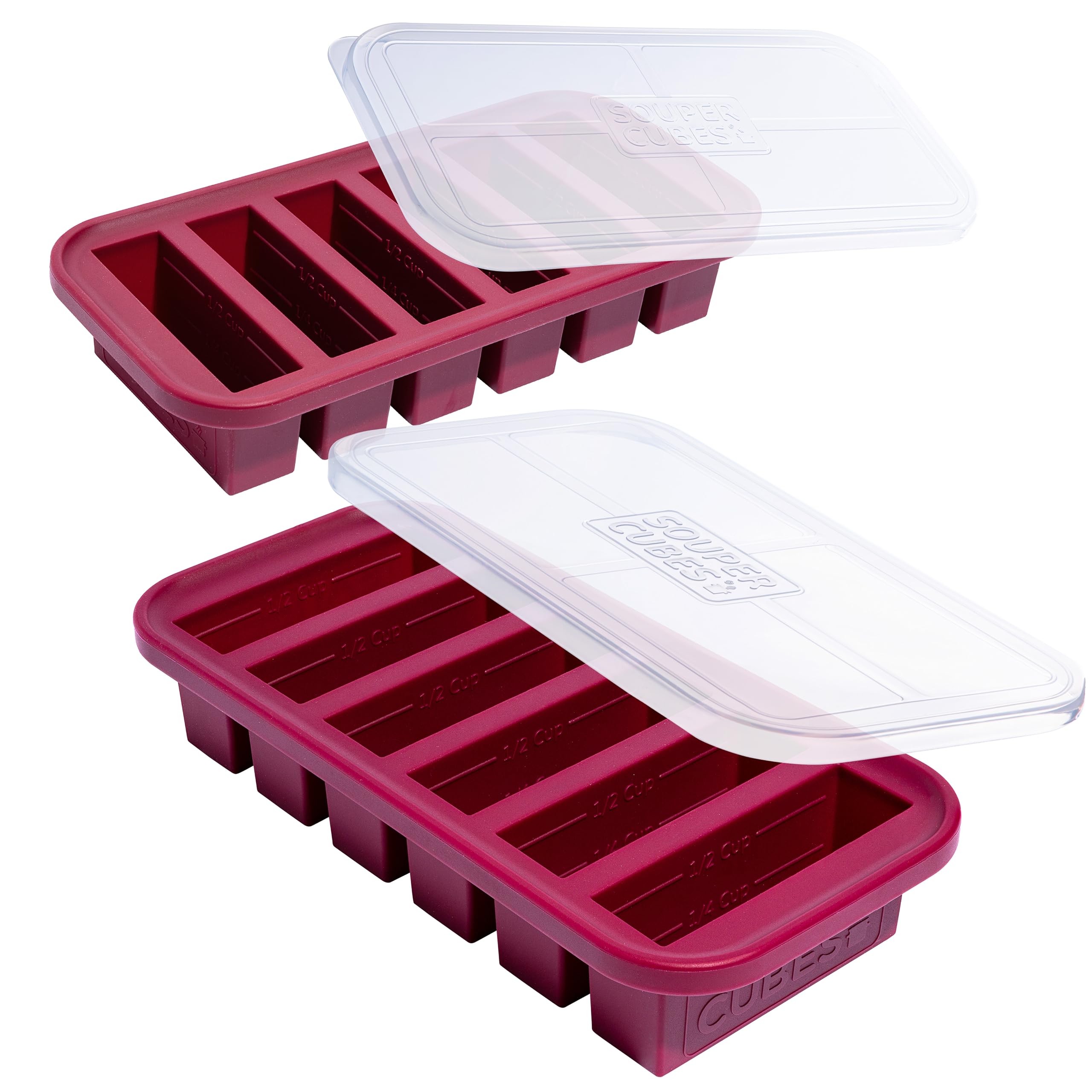 Souper Cubes half cup freezer tray with lid for easy meal prep and portion control.