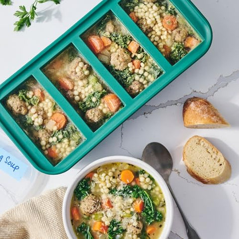 Souper Cubes Kale tray with lid demonstrates secure storage and spill-free freezing