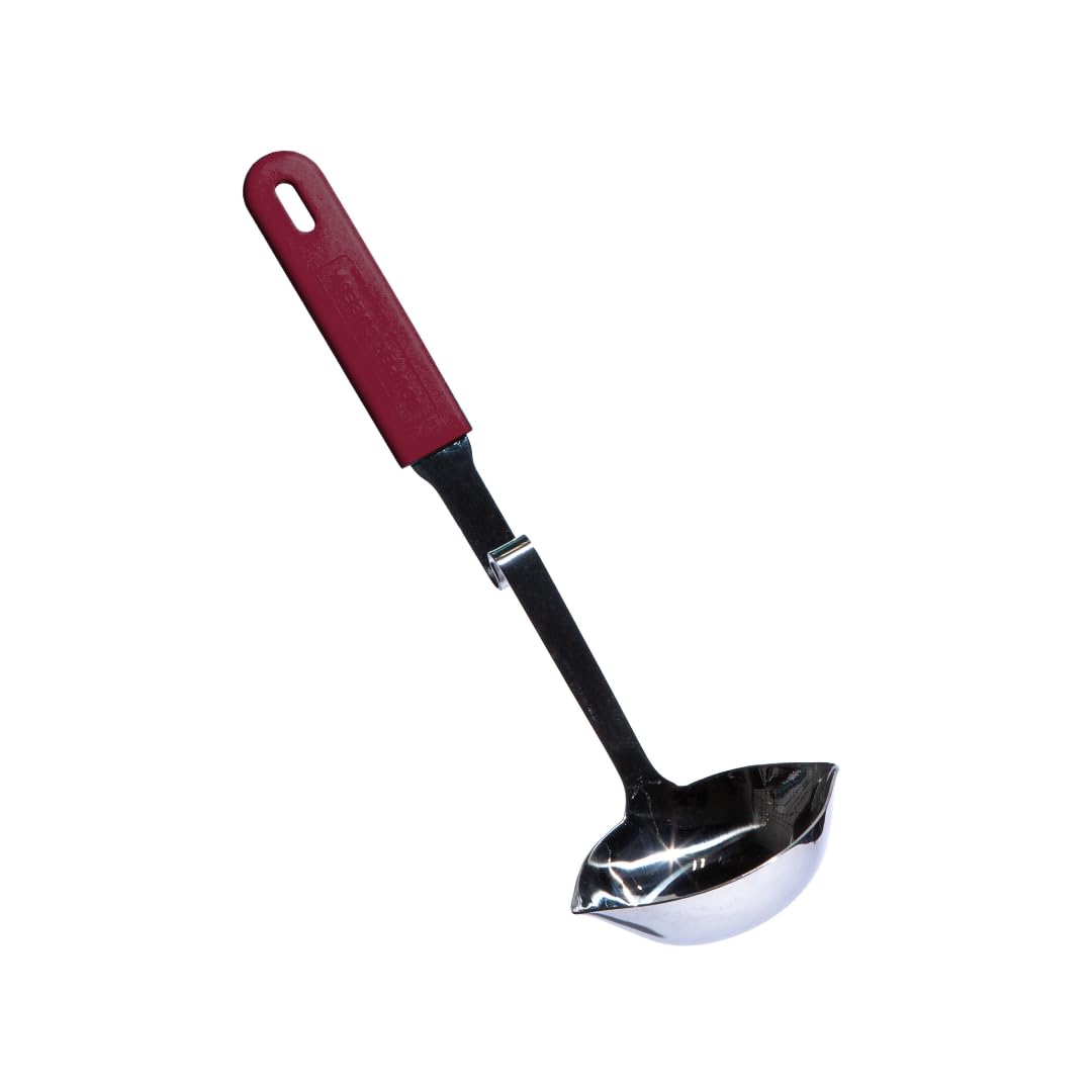 Souper Cubes no mess soup ladle with cranberry on pot rim for tidy cooking.