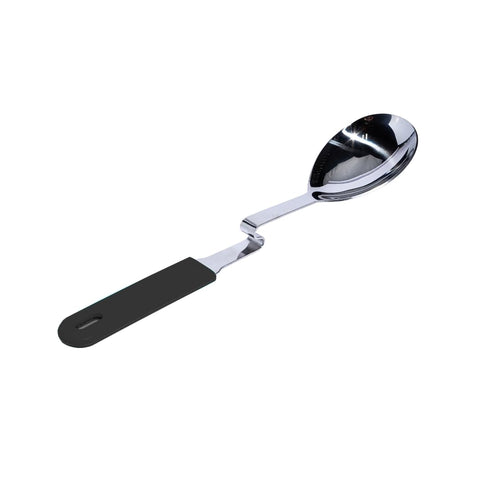 Souper Cubes No Mess spoon in charcoal with curved hang-on-rim design