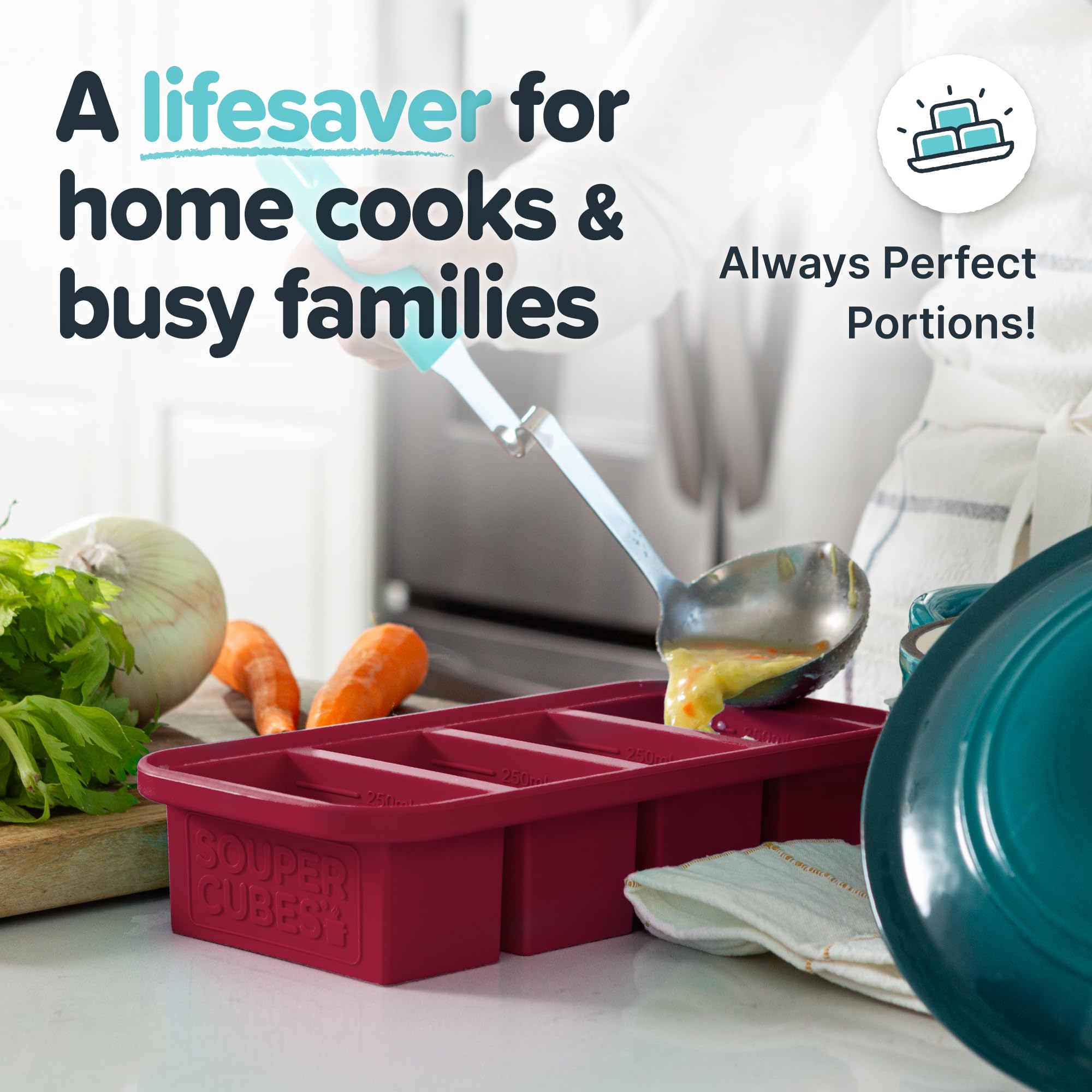 Souper Cubes oven-safe tray withstands reheating up to 415 F without lid.