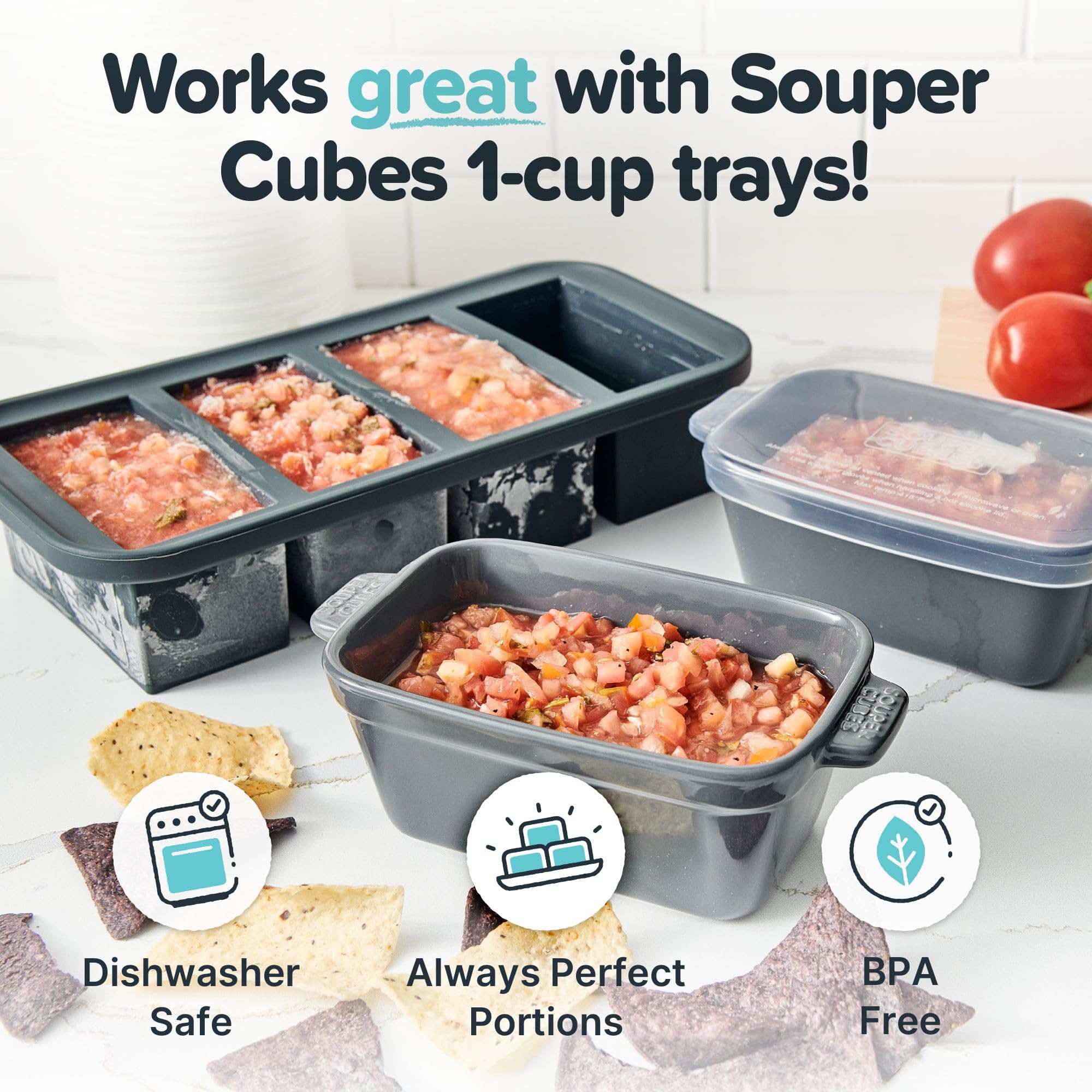Souper Cubes charcoal stoneware four-pack, oven-safe for convenient reheating and serving