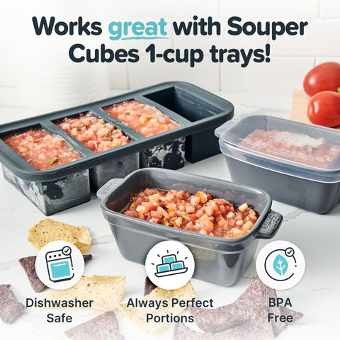 Souper Cubes charcoal stoneware four-pack, oven-safe for convenient reheating and serving