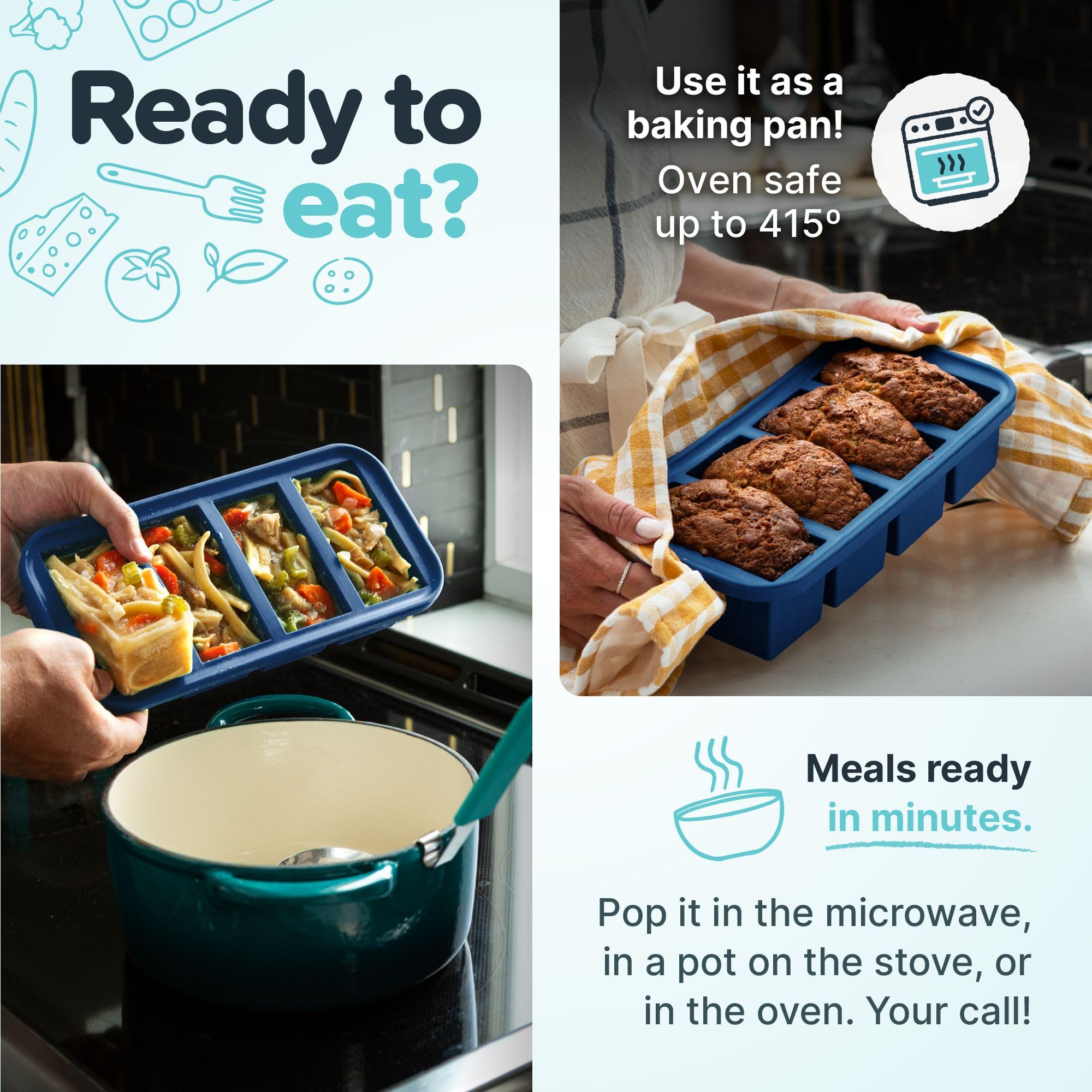 Souper Cubes oven-safe-tray-ready-for-baking, versatile for cooking and reheating.