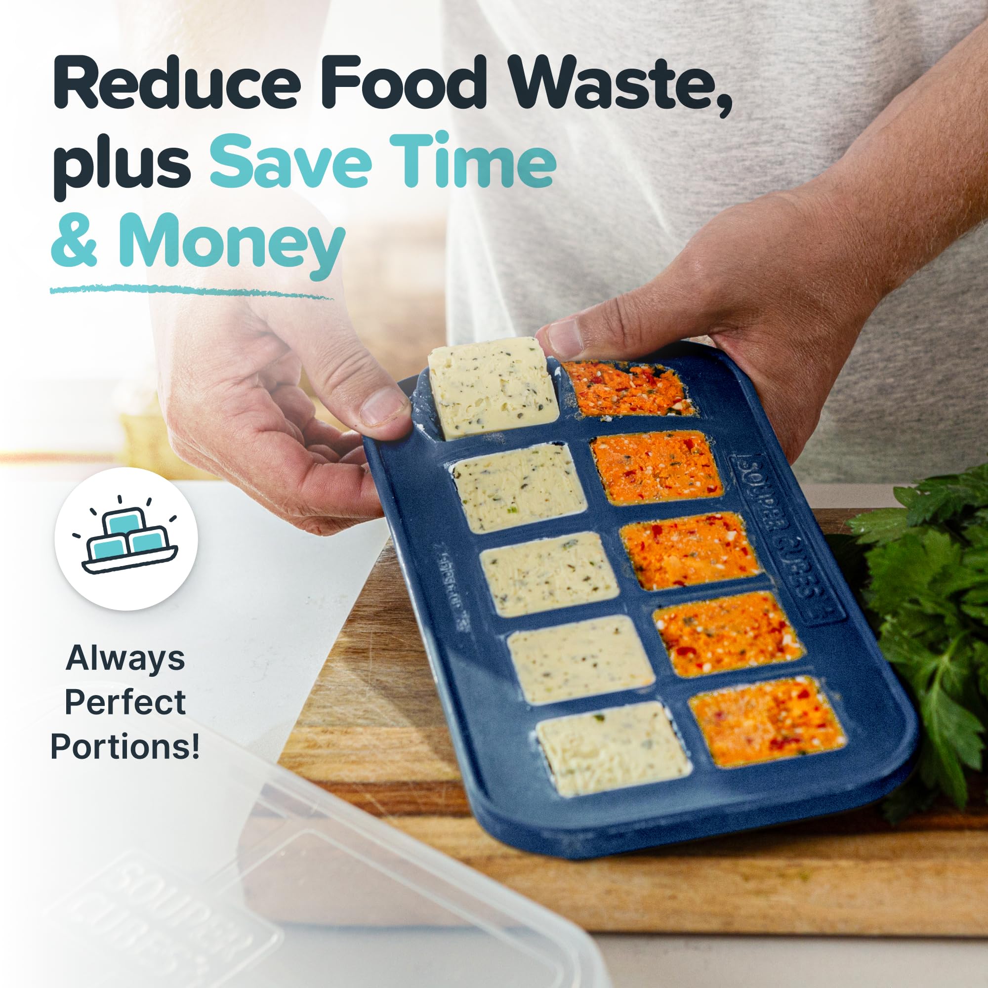 Souper Cubes silicone freezer tray close-up shows fill lines for precise 1 oz portions.