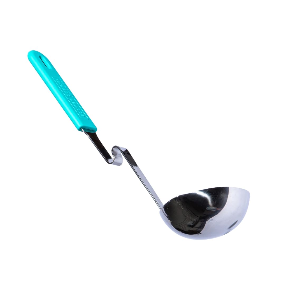 Stainless steel ladle with cool silicone handle for safe serving