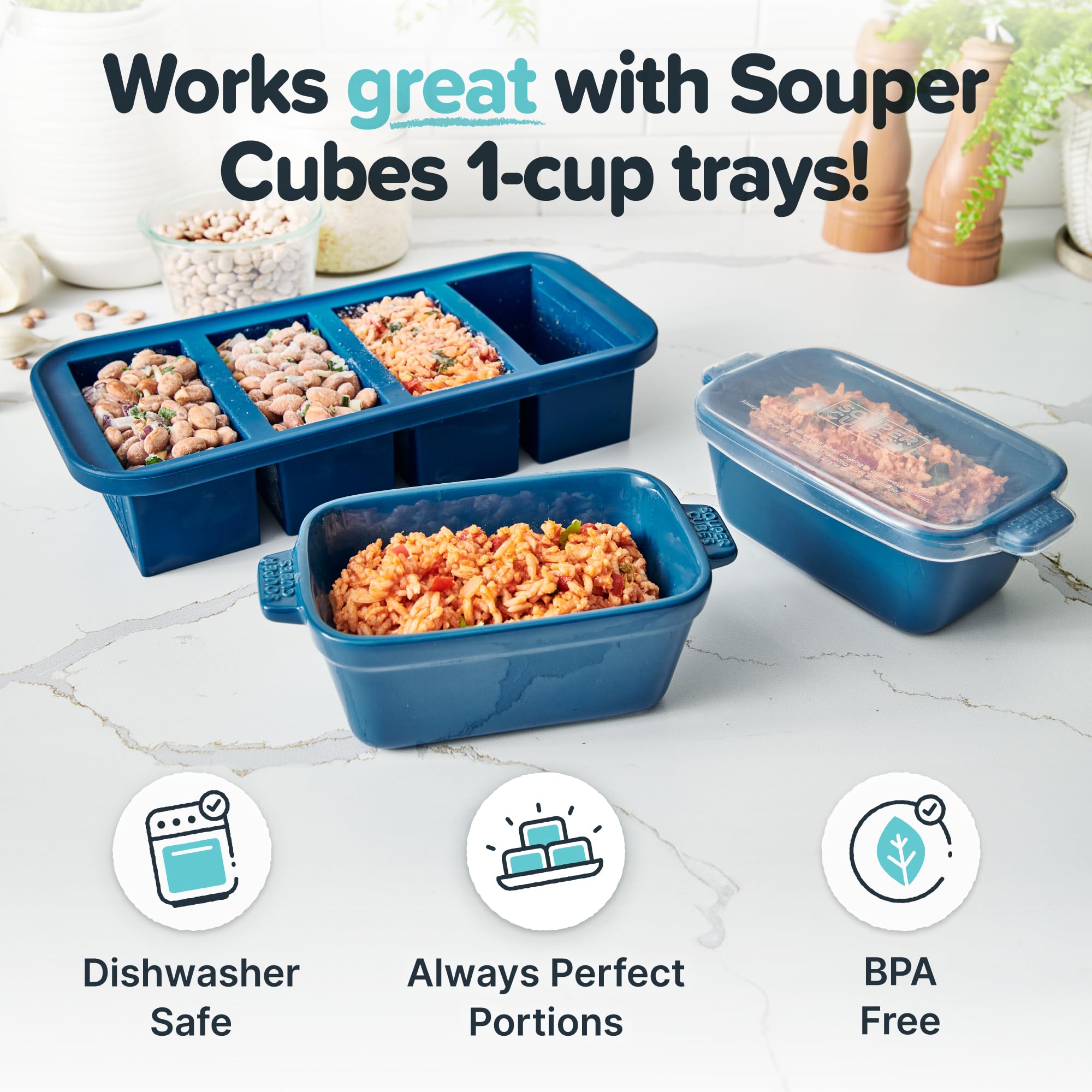 Souper Cubes stoneware 5x3 blueberry, oven-safe up to 450 F for versatile reheating.