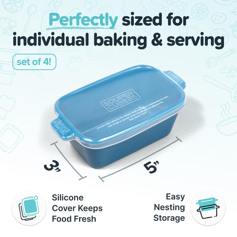 Souper Cubes stoneware 5x3 blueberry, nesting stack, space-saving storage after use.