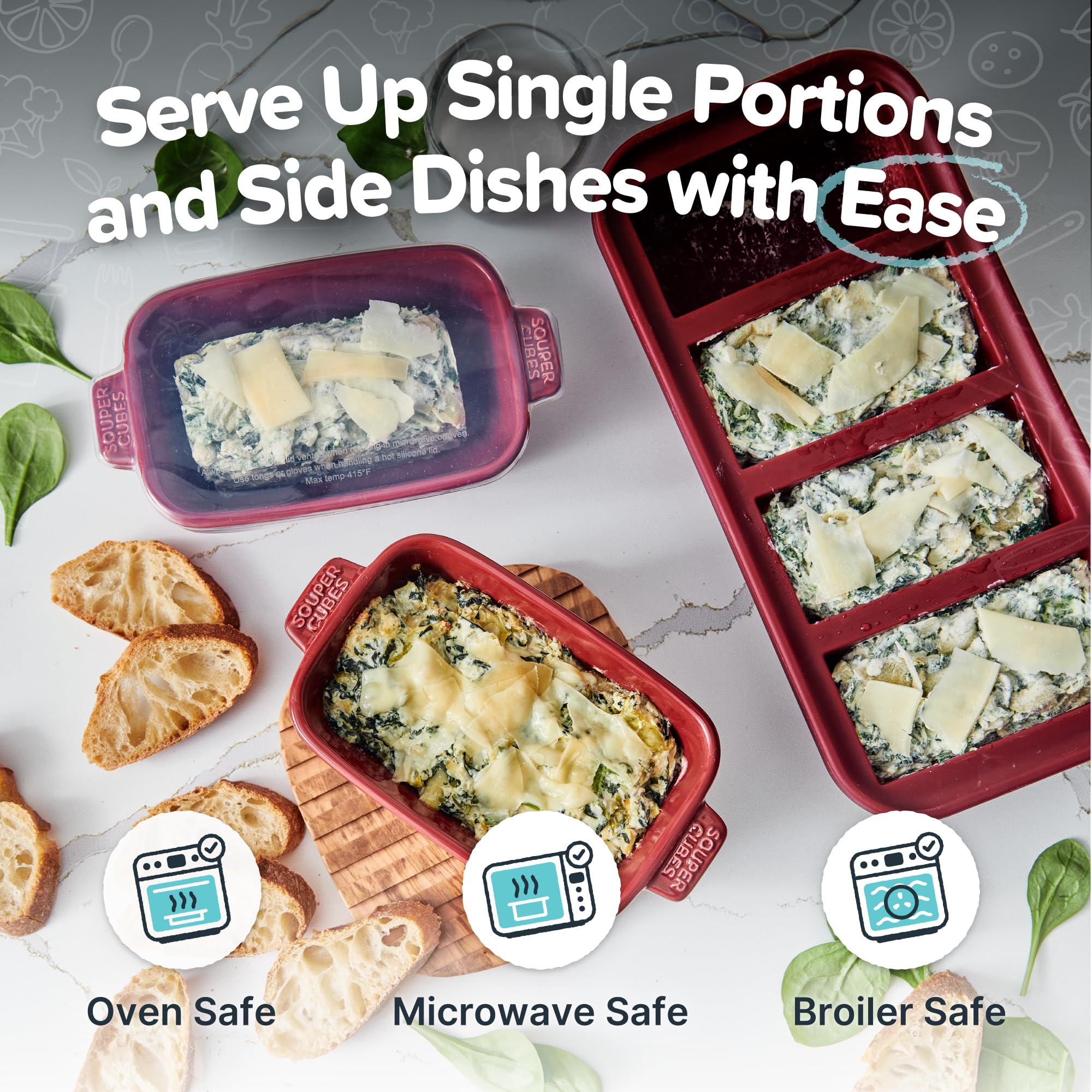 Souper Cubes cranberry dish with lid off demonstrates quick transfer from freezer to oven.