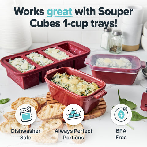 Souper Cubes cranberry dish stacked for nesting storage saves fridge space.