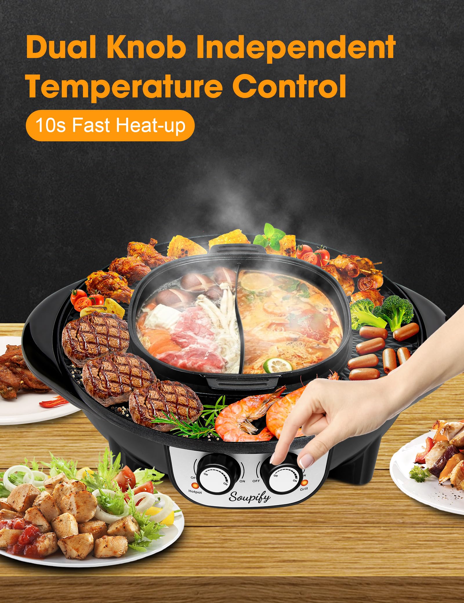 Soupify dual temperature control showing independent heating for broth and grill.