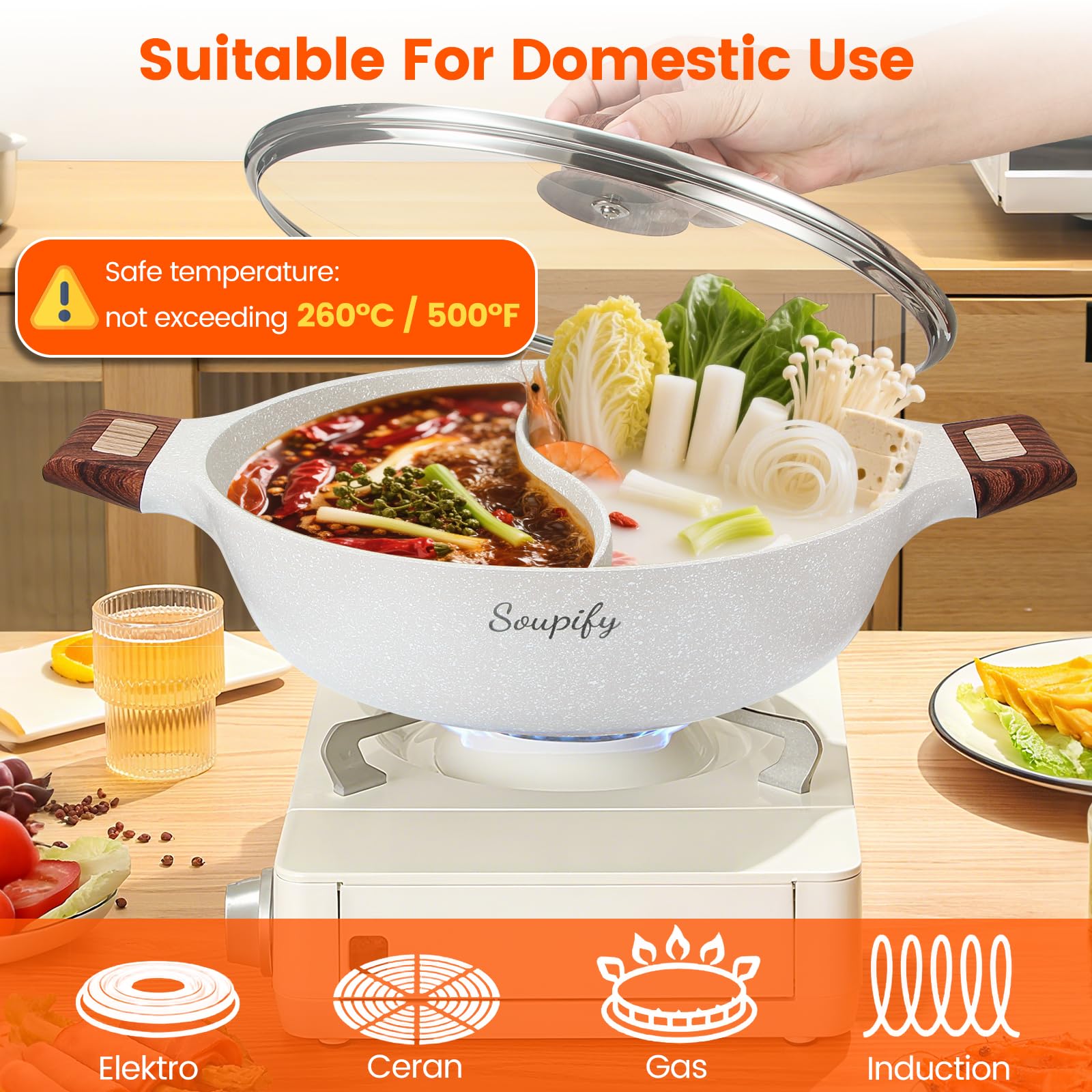 Soupify heat-resistant side handles provide a safe, comfortable grip.