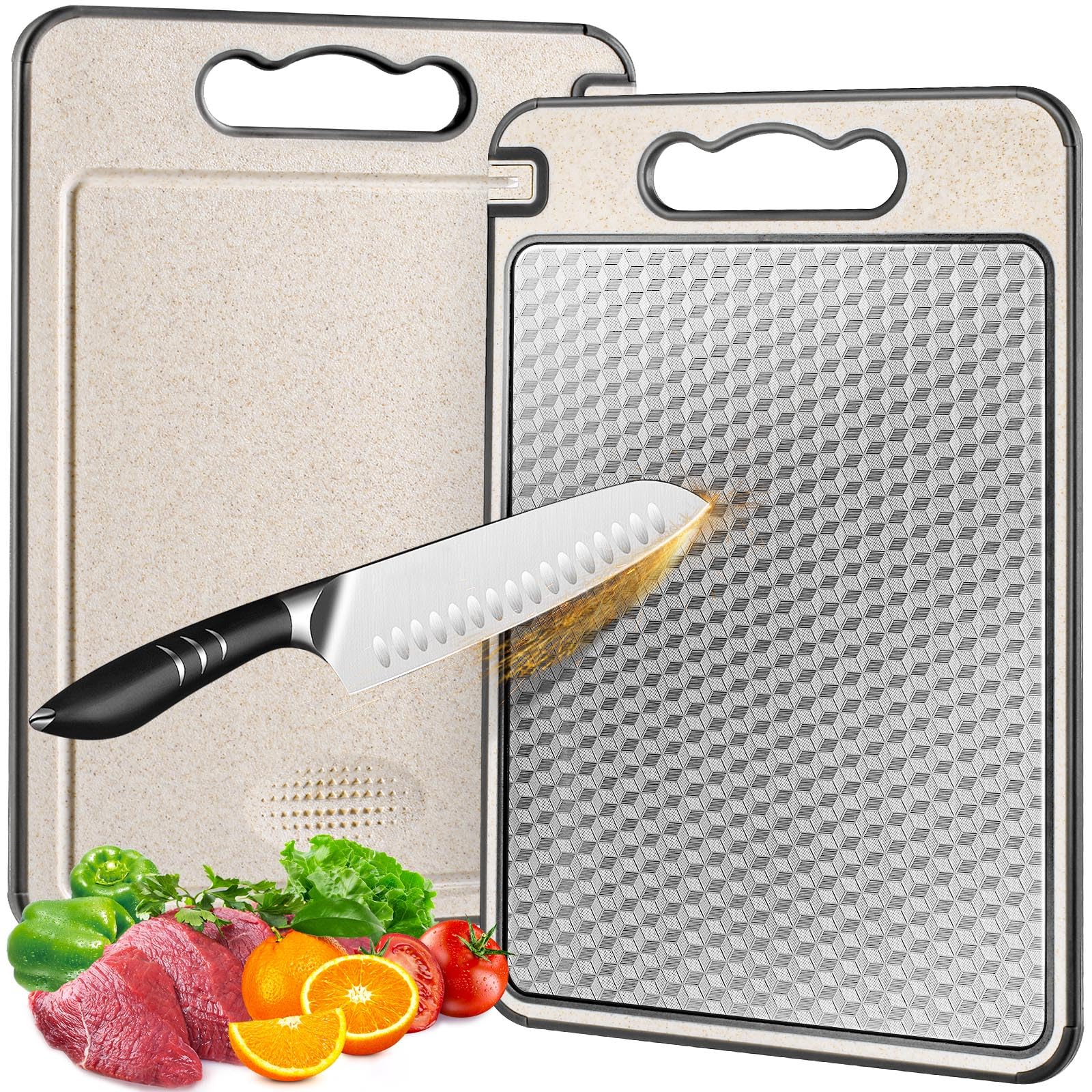 SOURCEBEAT cutting board top view shows dual surface for meats and produce.