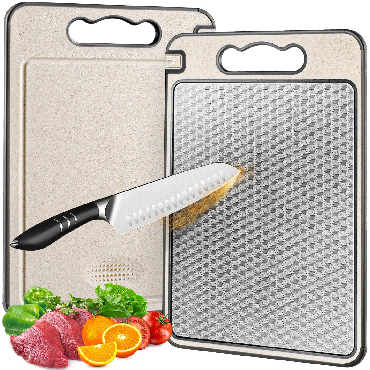 SOURCEBEAT cutting board top view shows dual surface for meats and produce.