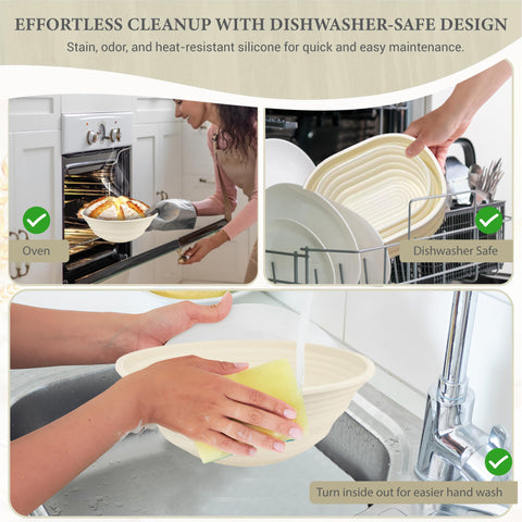 Sourdough Whisper dishwasher-safe proofing baskets for easy cleanup after baking.