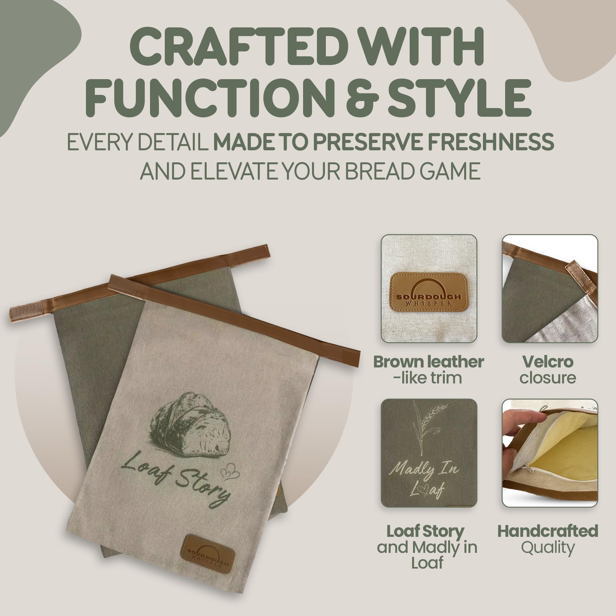 Sourdough Whisper linen bread bag in olive grove color for artisan loaves