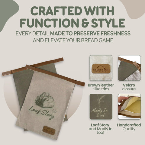 Sourdough Whisper linen bread bag in olive grove color for artisan loaves