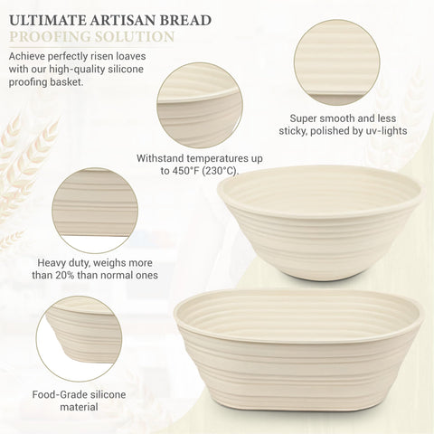 Sourdough Whisper silicone proofing baskets highlighting non-stick release for dough.