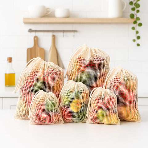 Closeup of SOUS HOUSE drawstrings securing beige mesh bag contents.