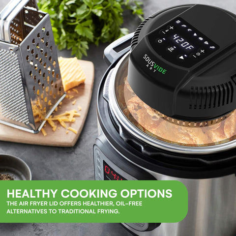 SOUSVIDE ART air fryer lid basket in use delivering crispy results with less oil.