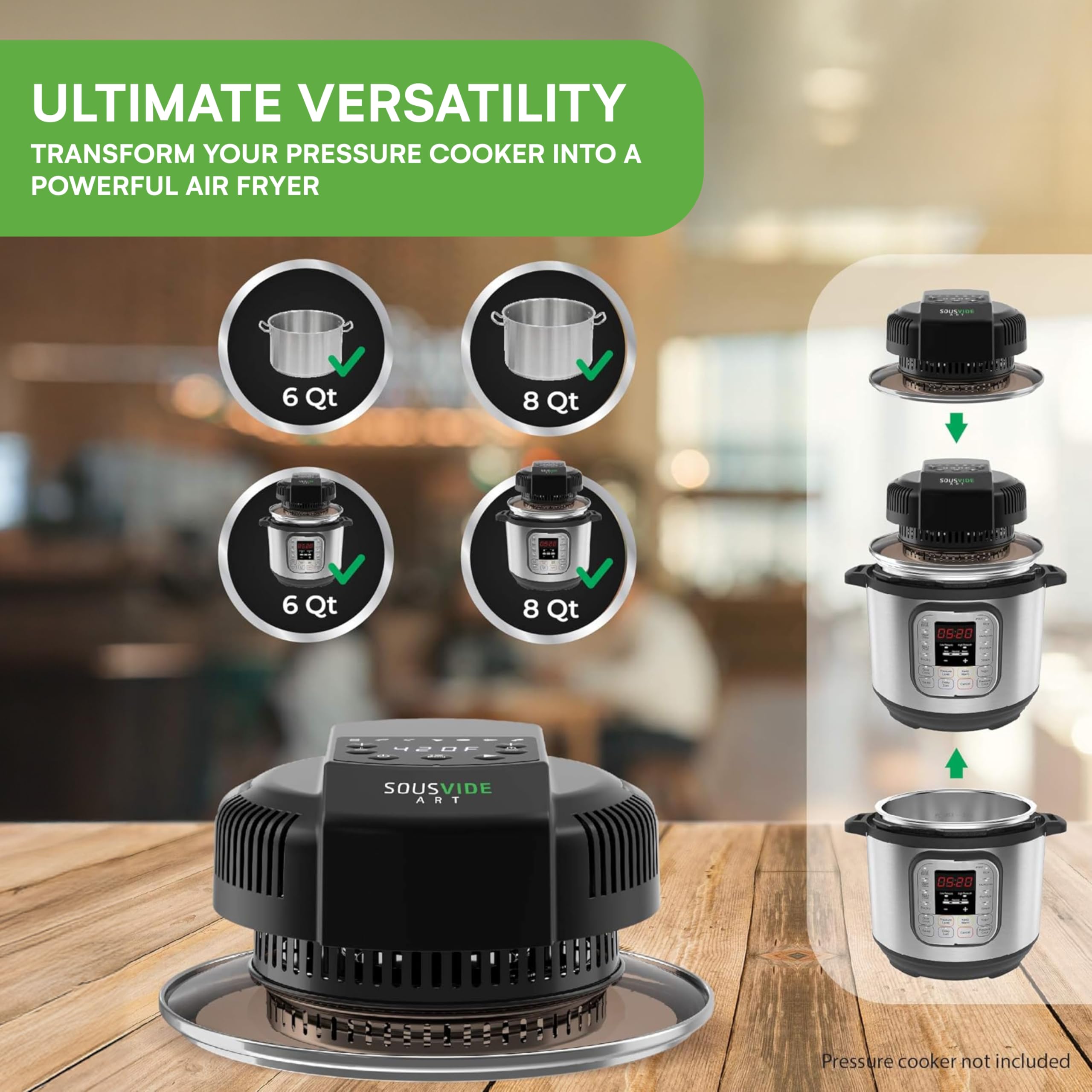 SOUSVIDE ART air fryer lid with rack and tongs adds convenient multi-use.