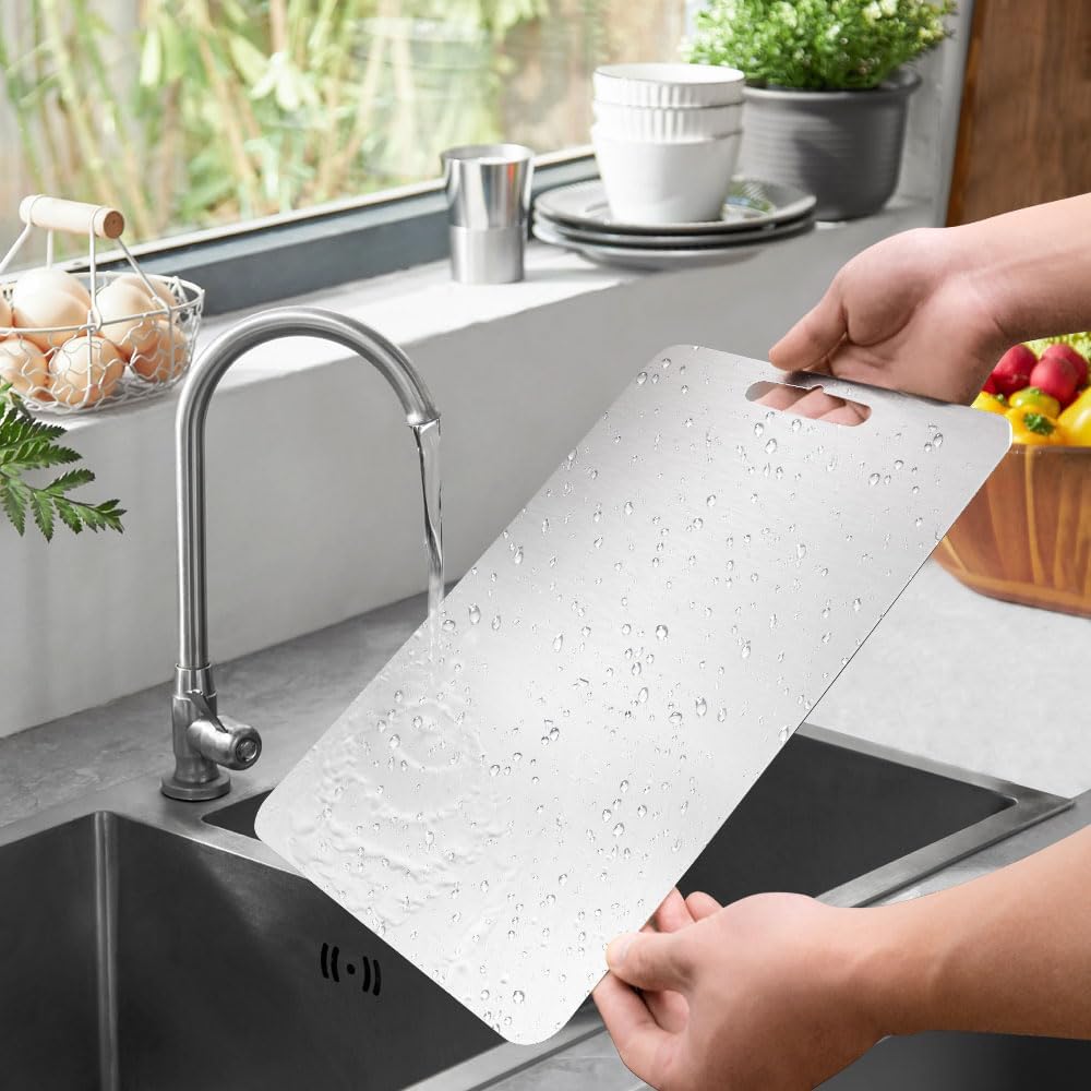 Southaabo titanium cutting board dishwasher-safe; easy cleaning with non-porous, stain-resistant surface.