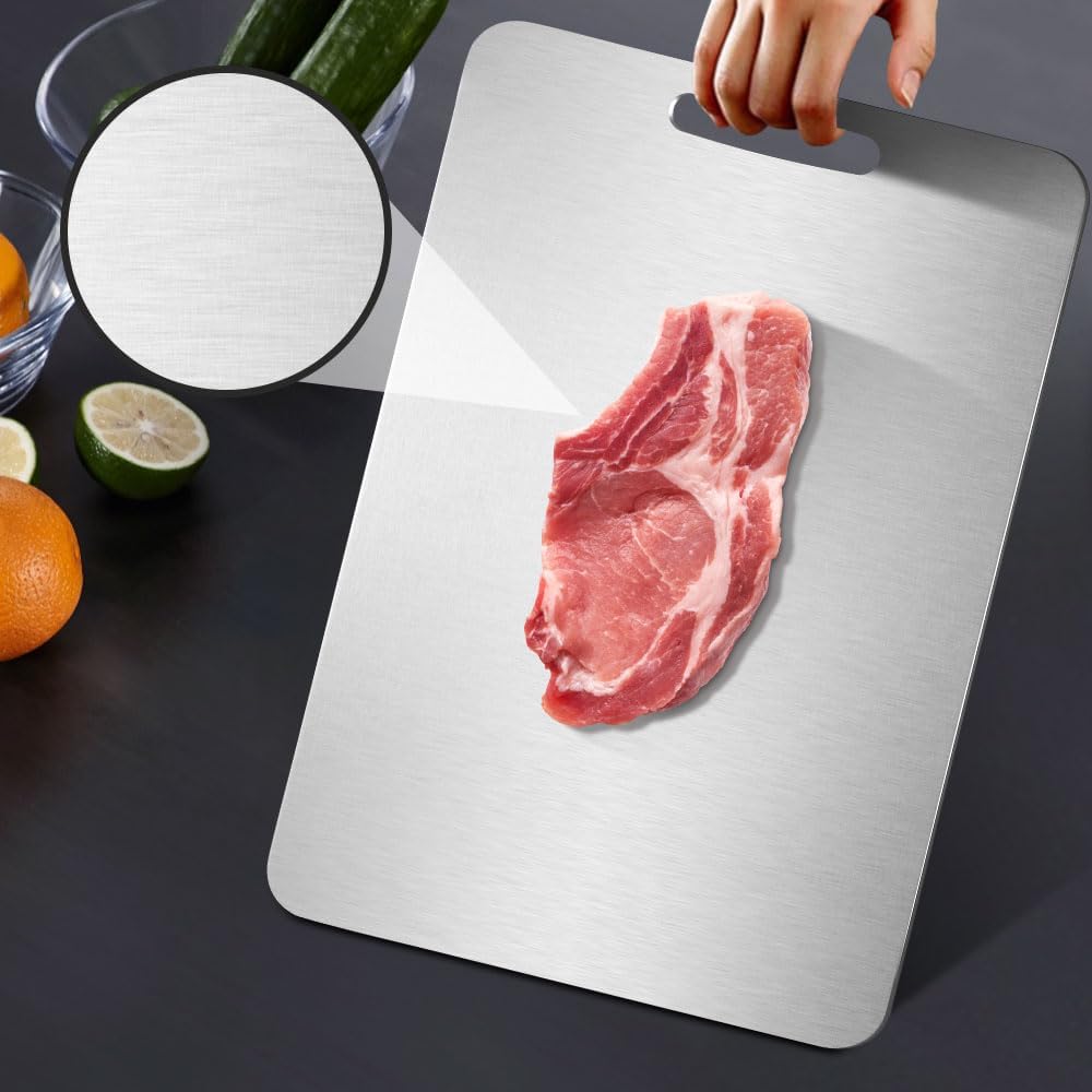 Southaabo titanium cutting board double-sided design; separate zones for meat and produce to minimize cross-contamination.
