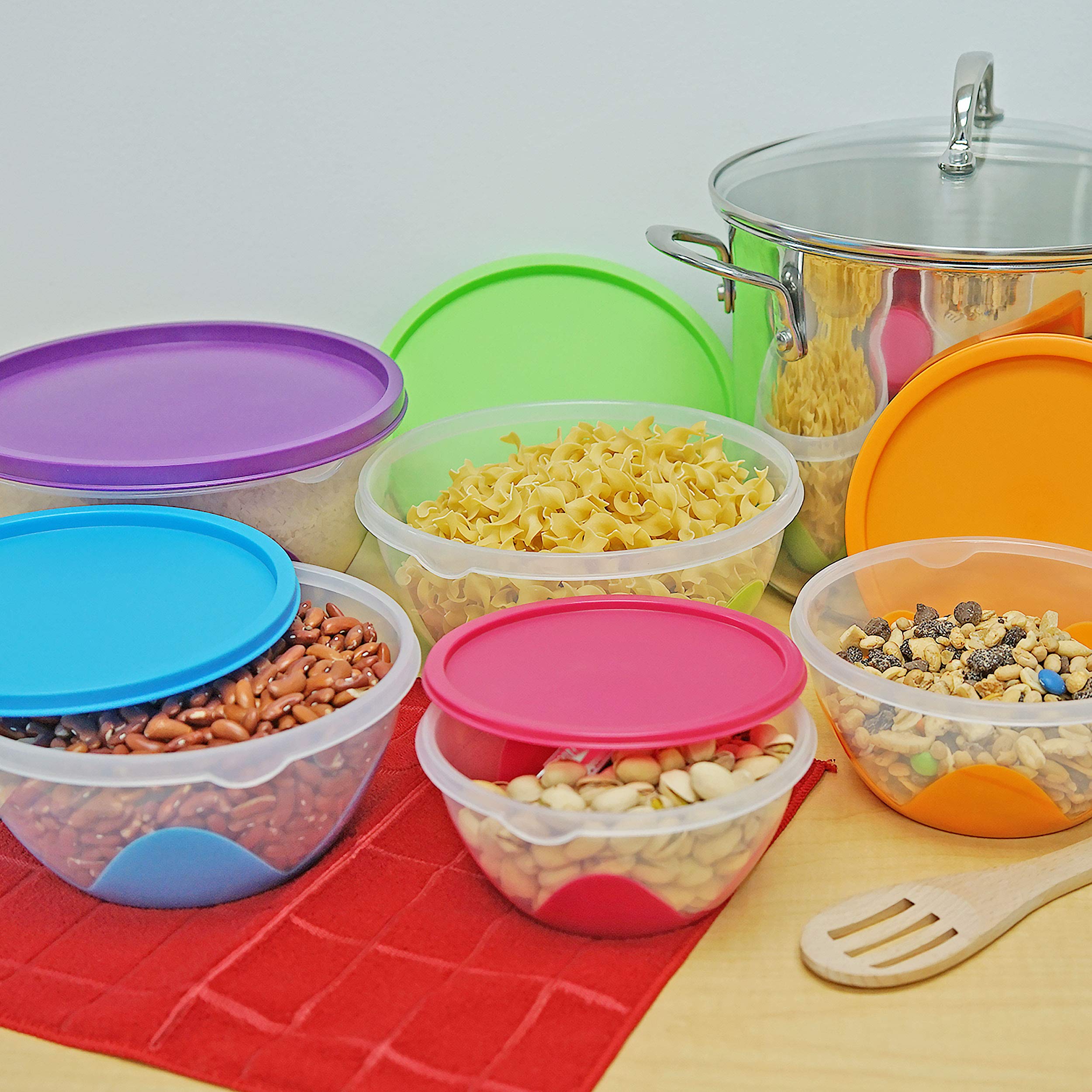 Southern Homewares containers with color-coded lids for easy organization.