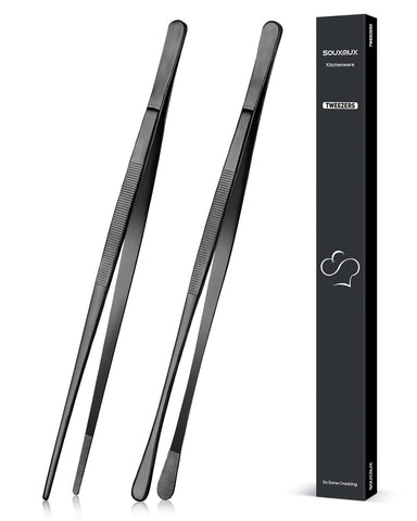 SouxMux 12 inch skinny tip tweezer tongs for precise plating tasks.