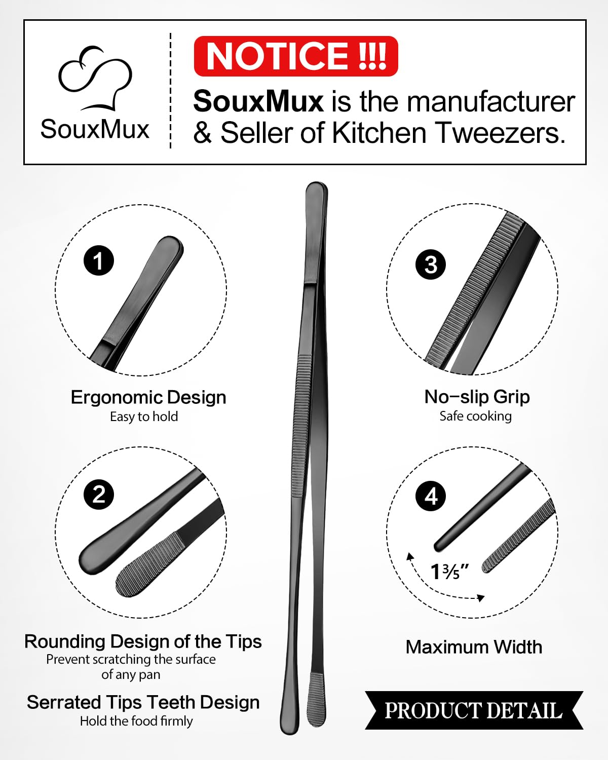 SouxMux 12 inch wide tip tweezer tongs for secure gripping of larger items.
