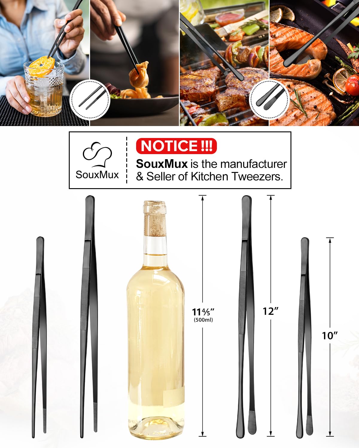 SouxMux serrated tips stainless steel tweezer securely grip slippery foods.