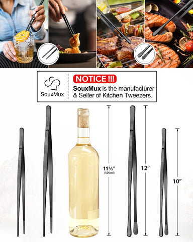 SouxMux serrated tips stainless steel tweezer securely grip slippery foods.