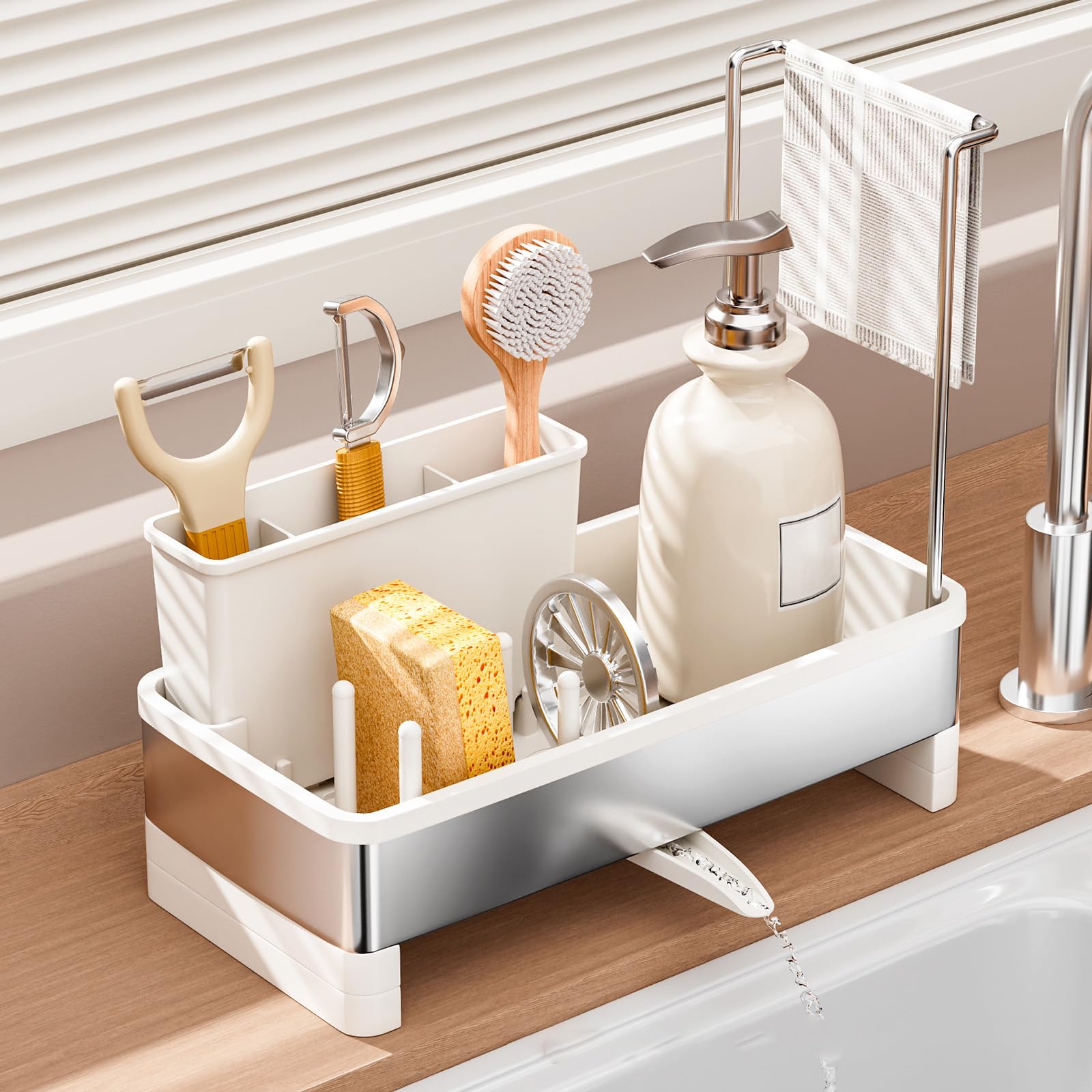 SOVGIZF sponge holder with rotatable spout drains water into the sink, reducing countertop mess