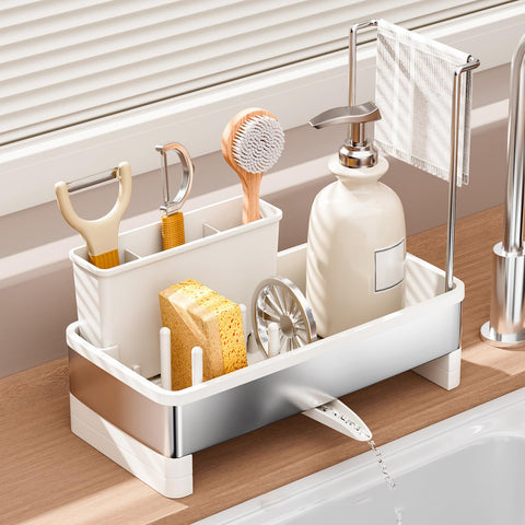 SOVGIZF sponge holder with rotatable spout drains water into the sink, reducing countertop mess