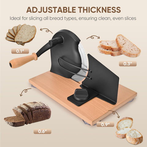 SOWKIPE bread slicer with thickness adjustment knob for customizable slice widths.