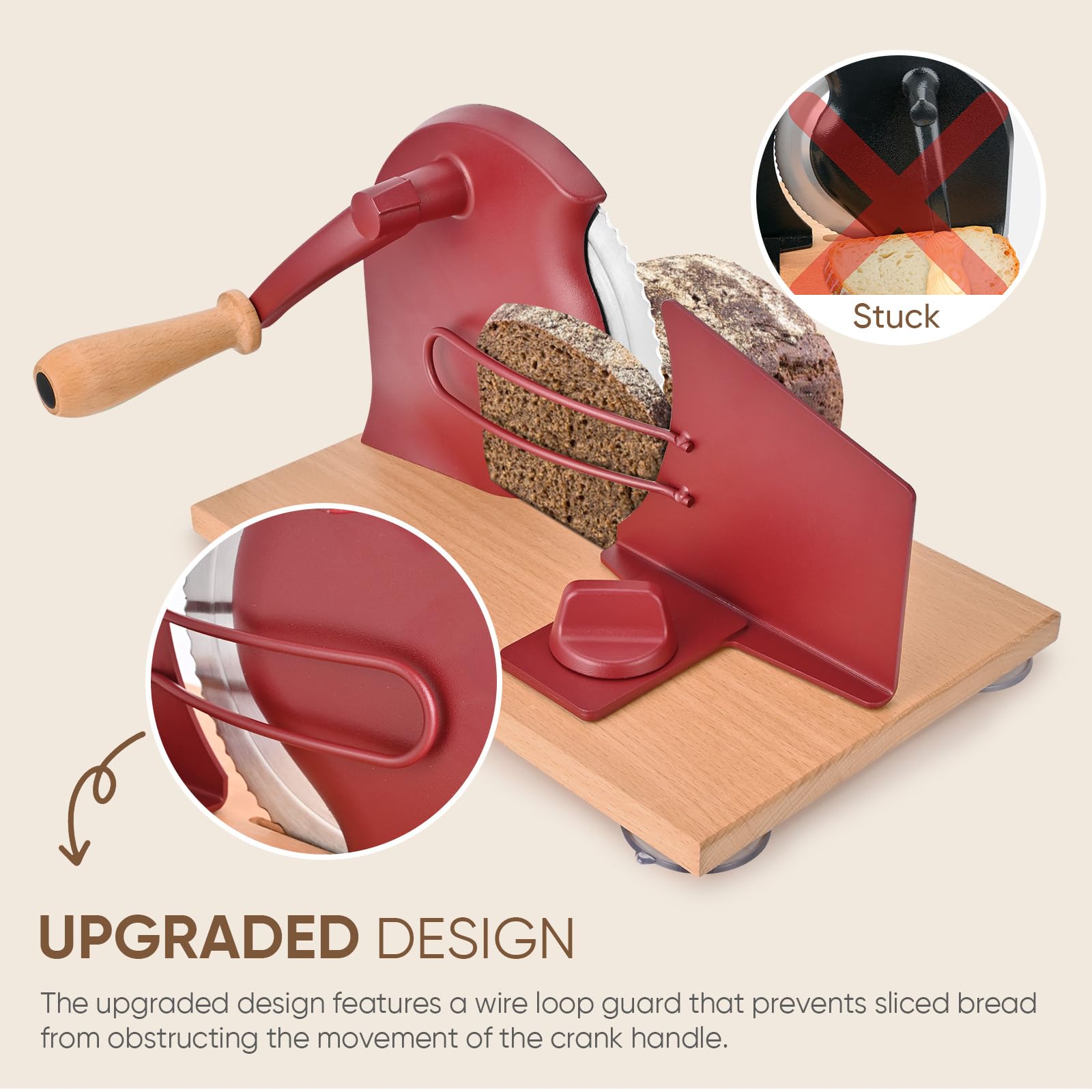 SOWKIPE slicer showing adjustable thickness knob for customizable bread slices.