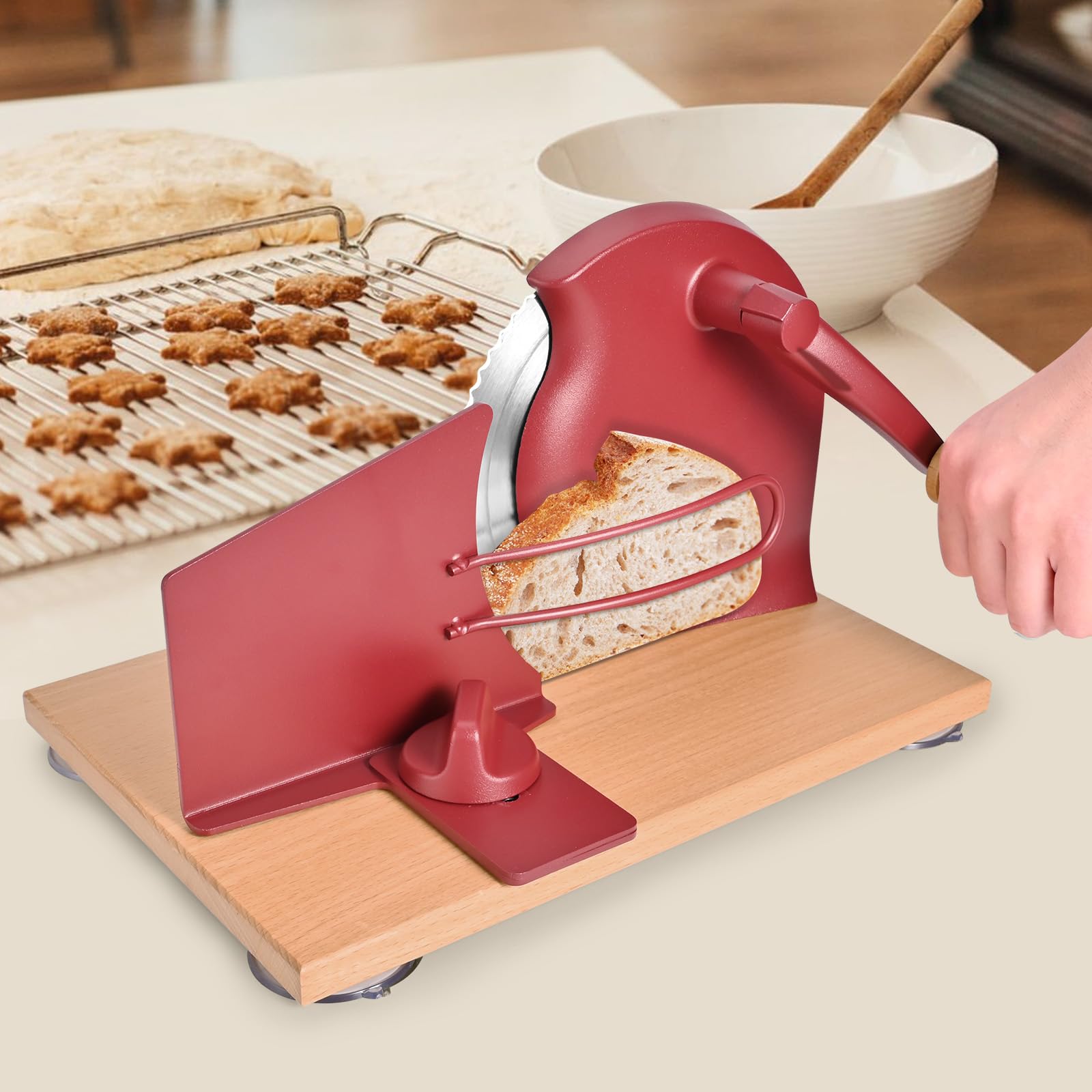 SOWKIPE manual bread slicer in red, versatile for home or small bakery use.
